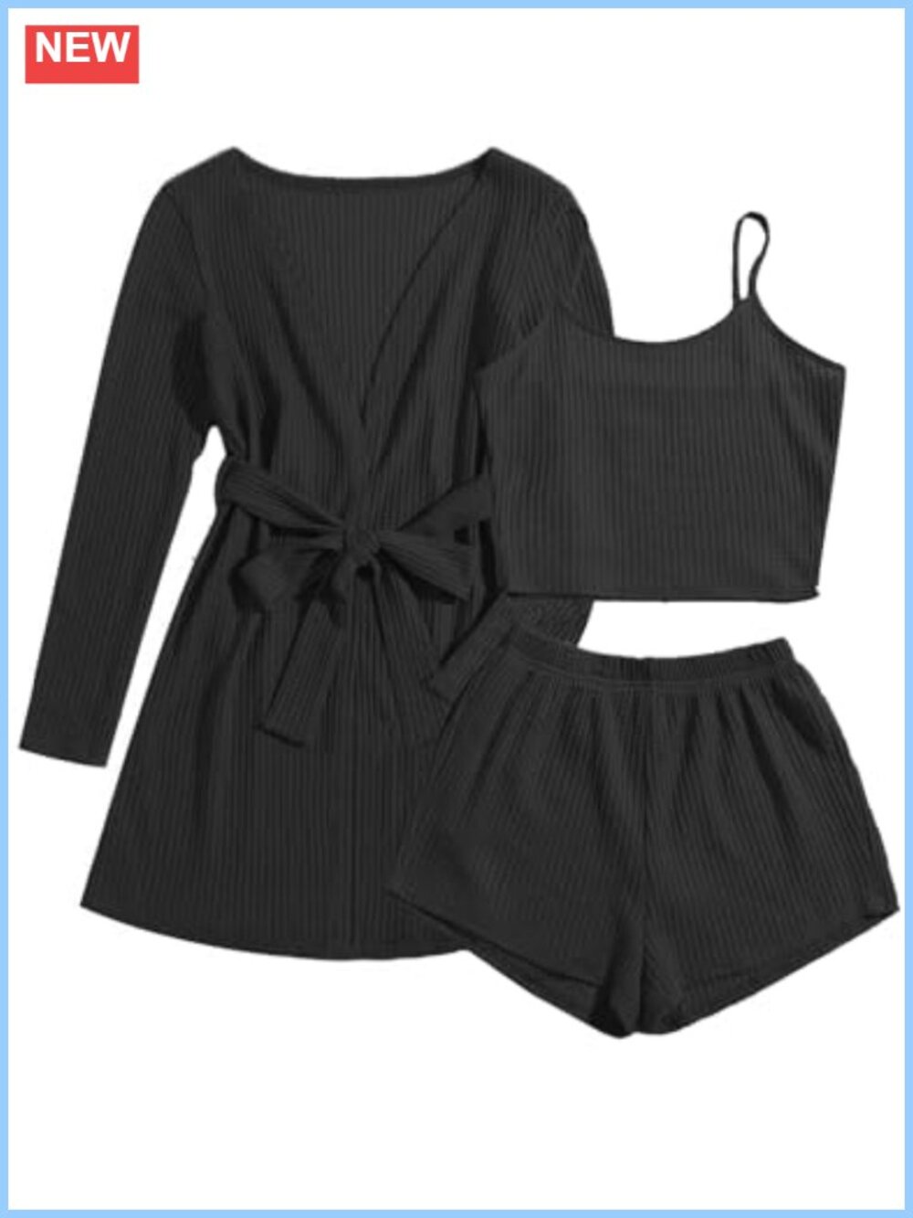 Waffle Knit 3 Piece Lounge Set Crop Top Shorts Cardigan Pajama Sleepwear